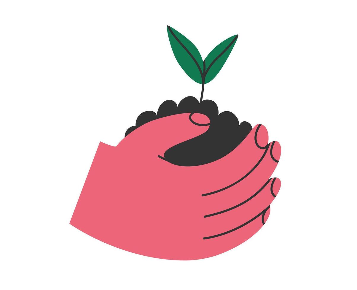 mano dibujado dibujos animados ilustración de mano participación suelo con germinando planta. verde brote desde el suelo. plano Respetuoso del medio ambiente concepto en garabatear estilo. ecología pegatina, icono o impresión. aislado. vector