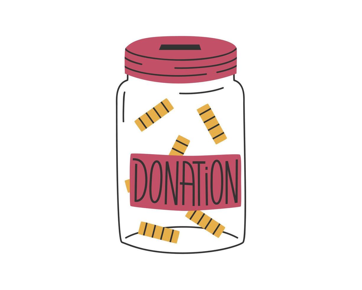 Hand drawn cute illustration of jar of coins. Flat donation bank in simple colored doodle style. Charity, philanthropy, volunteer sticker, icon or print. Isolated on white background. vector