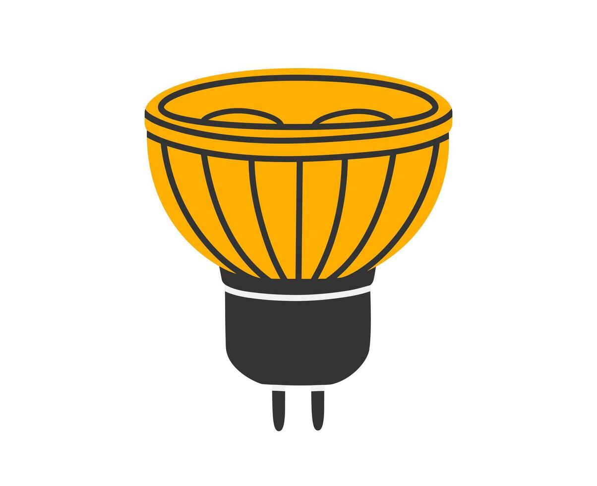 Hand drawn cute cartoon illustration of LED spotlight lamp, glowing light bulb. Light-emitting diode. Flat good idea concept in doodle style. Energy saving device sticker, icon. Isolated. vector