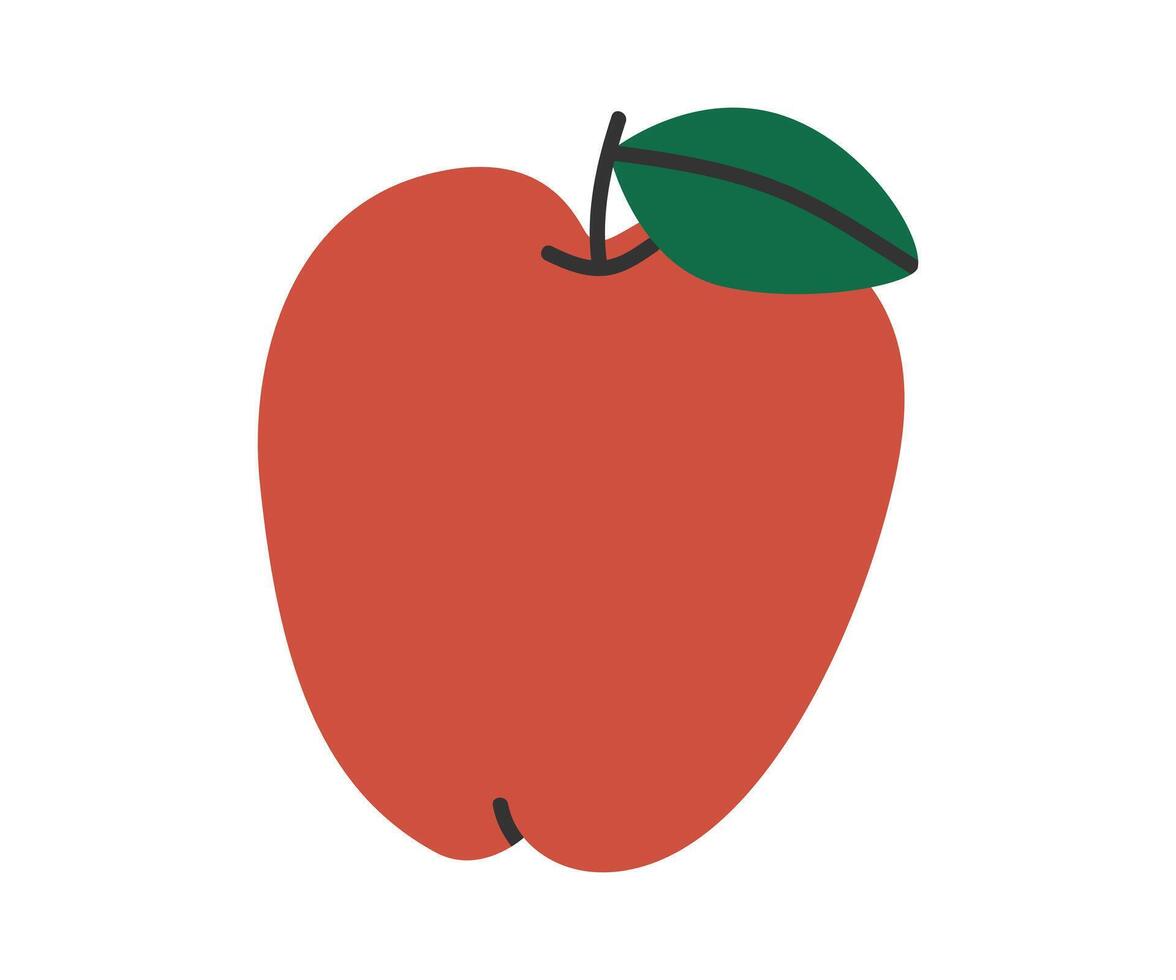 mano dibujado linda dibujos animados ilustración de rojo manzana con hoja. plano jardín cosecha pegatina en de colores garabatear estilo. Fresco Fruta icono o impresión. aislado en blanco antecedentes. vector