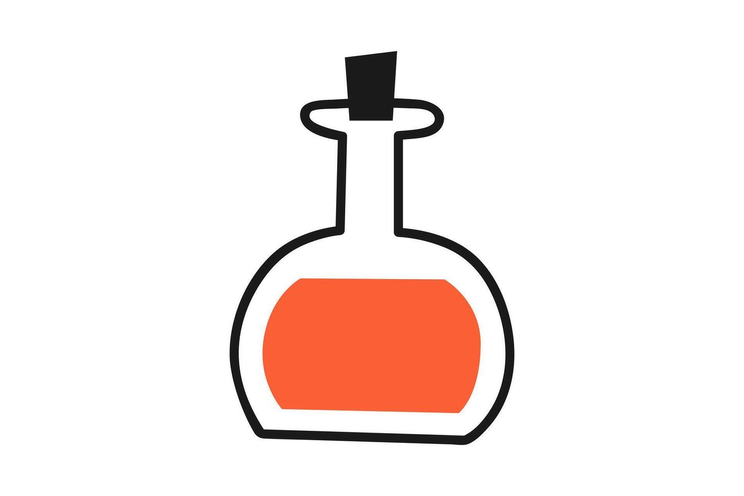 Hand drawn cute cartoon illustration of little potion bottle. Flat Halloween magic poison drink sticker in simple doodle style. Witchcraft outline icon or print. Isolated on white background. vector