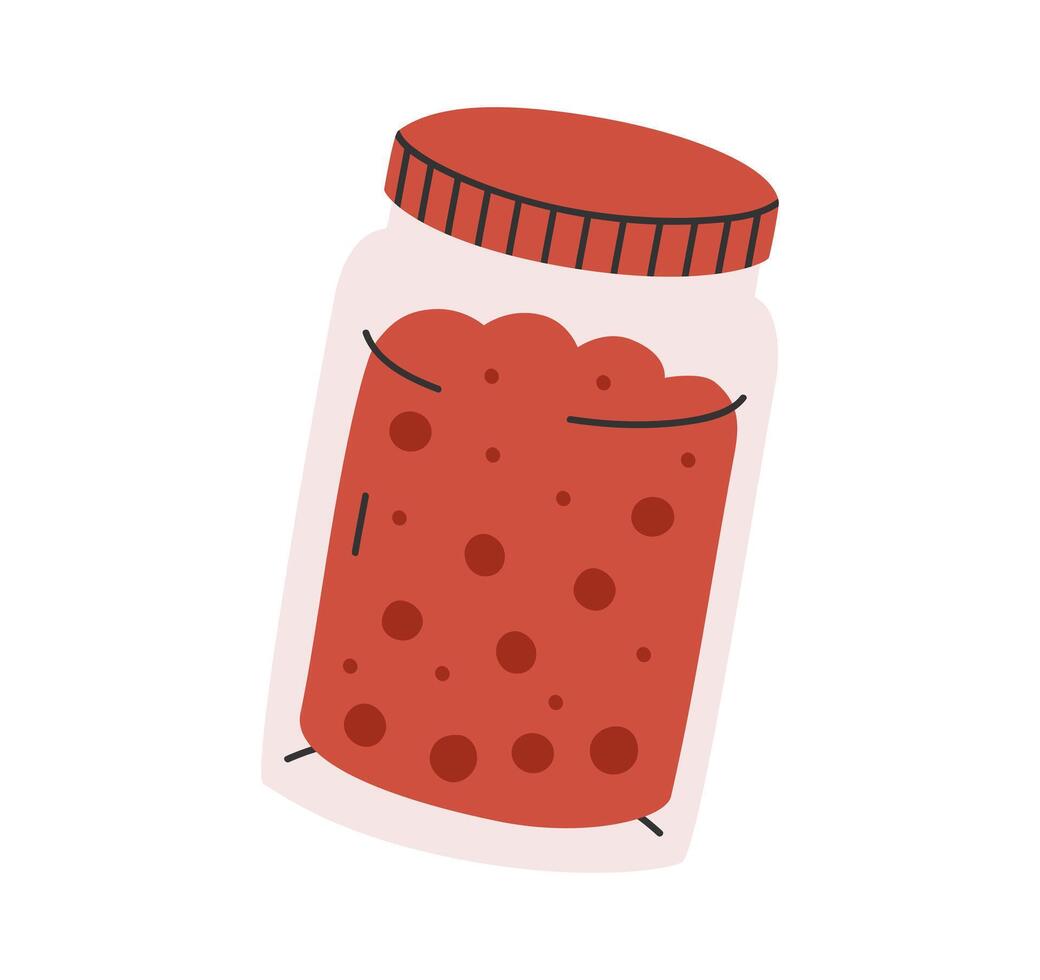 mano dibujado linda dibujos animados ilustración tarro de Cereza mermelada. plano Enlatado Fruta jugo en de colores garabatear estilo. vaso banco con preservación icono o impresión. aislado en blanco antecedentes. vector