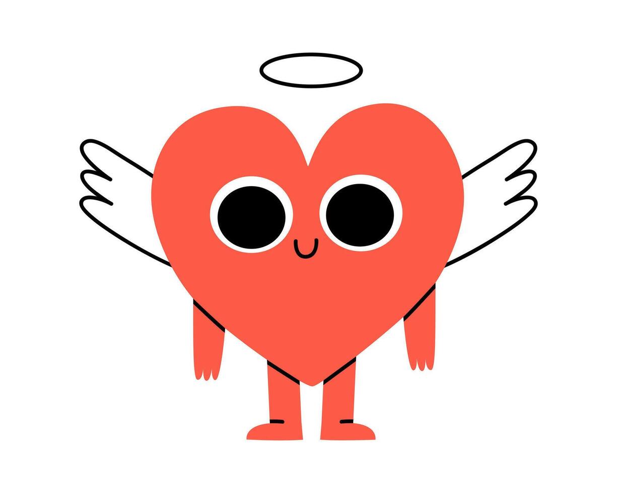 Hand drawn cute illustration heart character with a halo and wings. Fall in love feeling or cupid in doodle style. Valentine's Day holiday romantic mascot sticker, icon or print. Isolated on white. vector