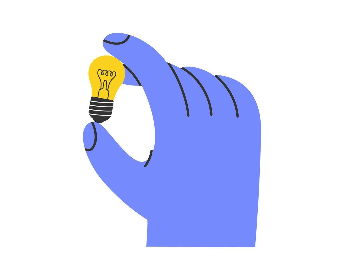 Hand drawn cartoon illustration of hand holding glowing light bulb, incandescent lamp. Flat good idea or answer in doodle style. Decision in the human hands sticker, icon or print. Isolated. vector