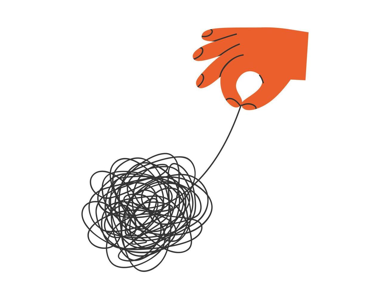 Hand drawn illustration of hand pull on tangled threads. Flat solve a difficult problem, help with negative emotions concept in doodle style. Solution, answer sticker, icon or print. Isolated. vector