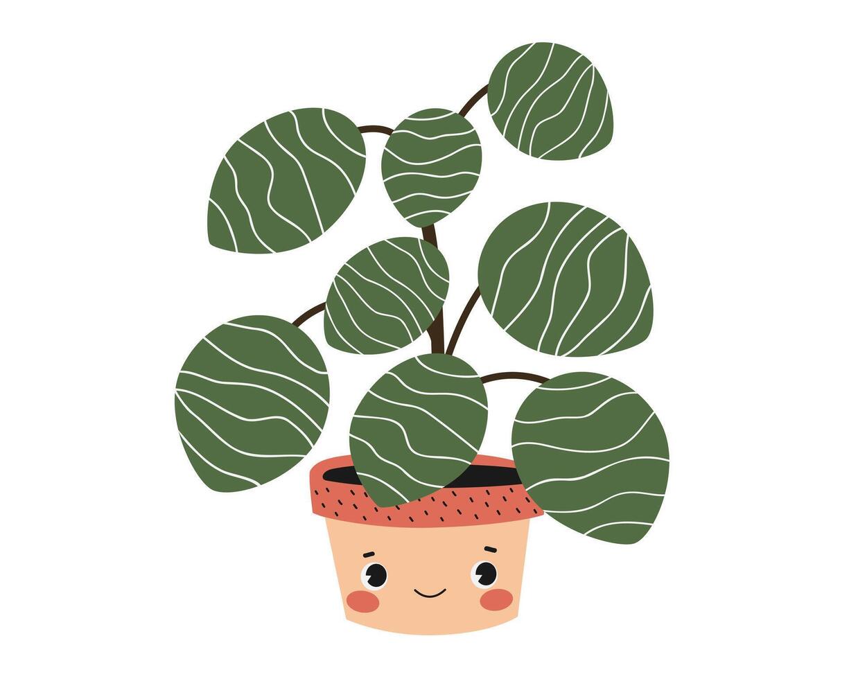 Hand drawn cartoon illustration of smiling Pilea Peperomioides, money plant in a flowerpot. Cute childish houseplant character. Flat nursery print. Isolated on white background. vector