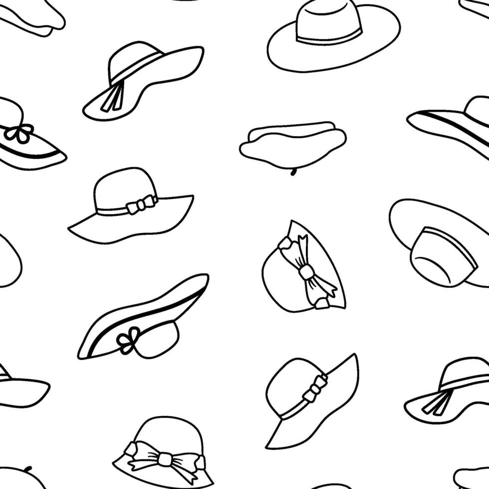 Seamless pattern with hats in line art style. Monochrome repeating pattern vector