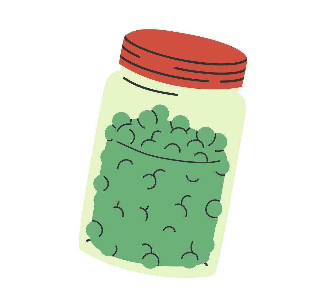 mano dibujado linda dibujos animados ilustración tarro de verde guisantes. plano Enlatado vegetales en de colores garabatear estilo. vaso banco con legumbres preservación icono o impresión. aislado en blanco antecedentes. vector