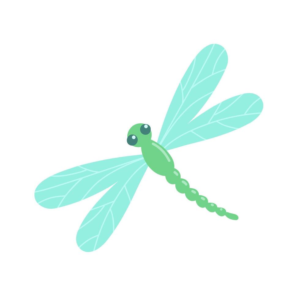 Cute dragonfly isolated on white background. Funny insect clipart for children. Flat cartoon illustration vector