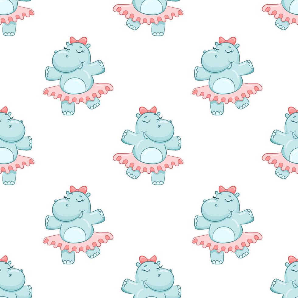 Seamless simple pattern with cute hippo dancer. Cartoon girl hippopotamus on white background. Cute baby character in tutu with bow vector