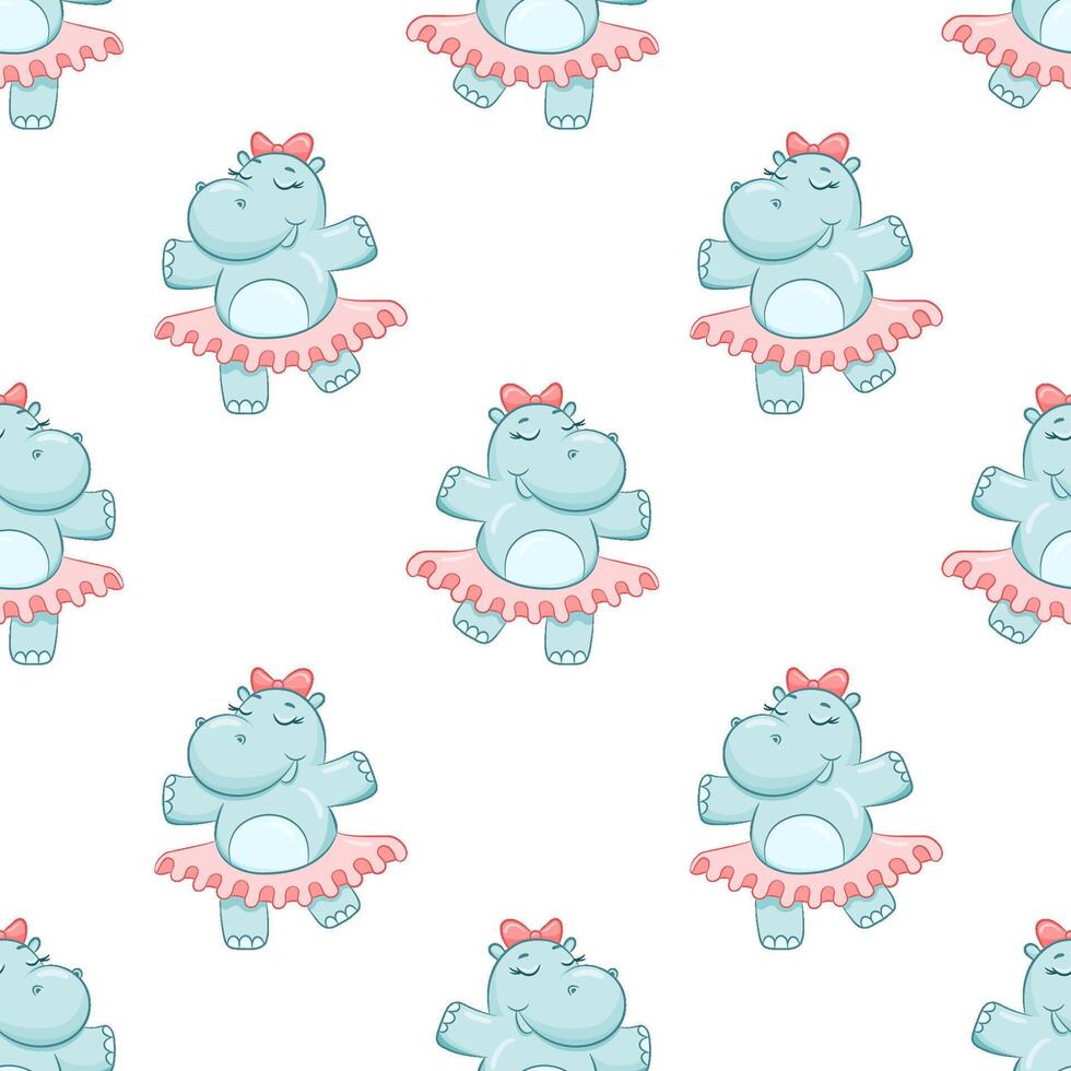 Seamless simple pattern with cute hippo dancer. Cartoon girl hippopotamus on white background. Cute baby character in tutu with bow vector