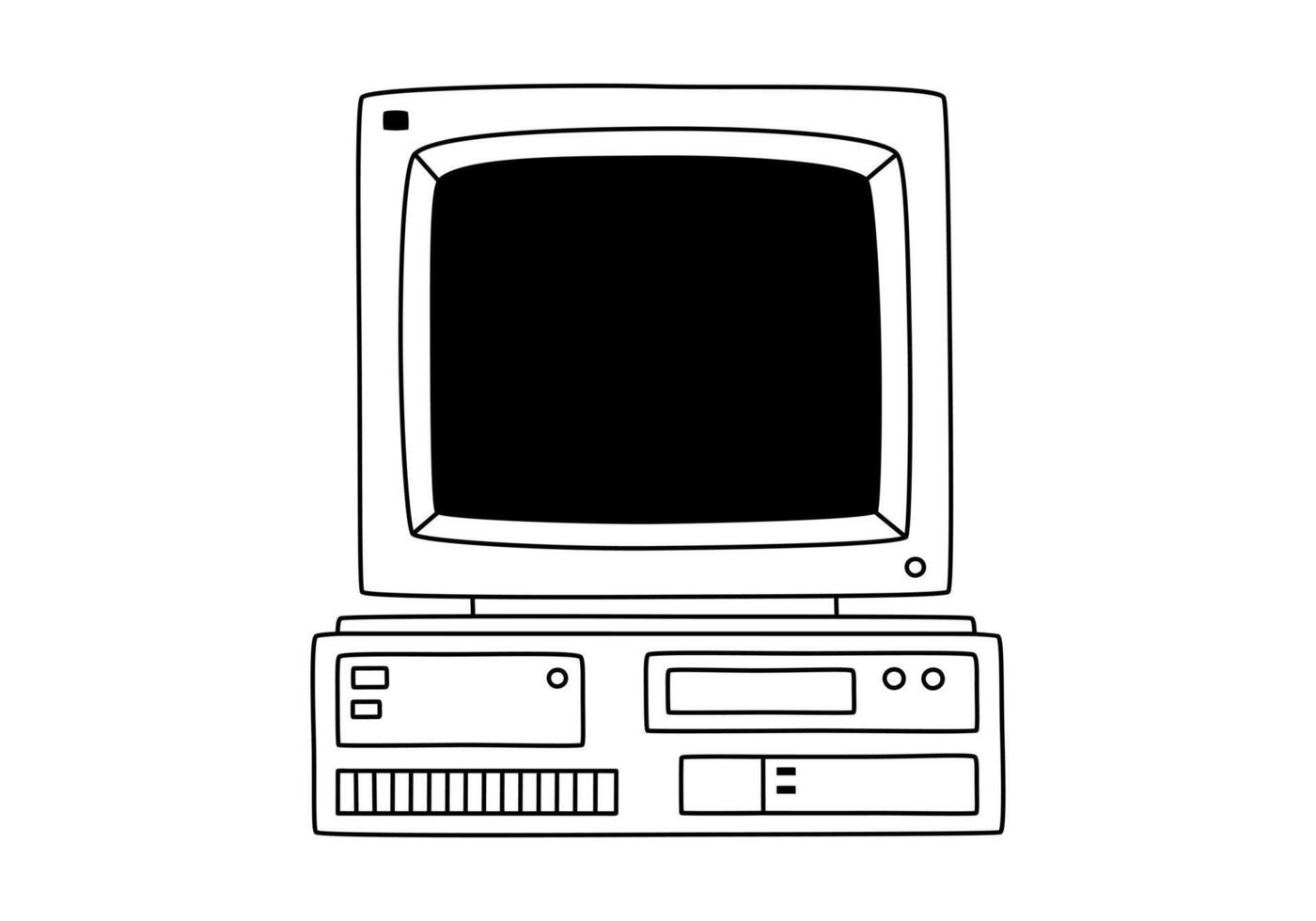Hand drawn cute outline illustration of retro computer. Flat old pc sticker in line art doodle style. Vintage office or programmer device icon or print. Information technology. Isolated. vector