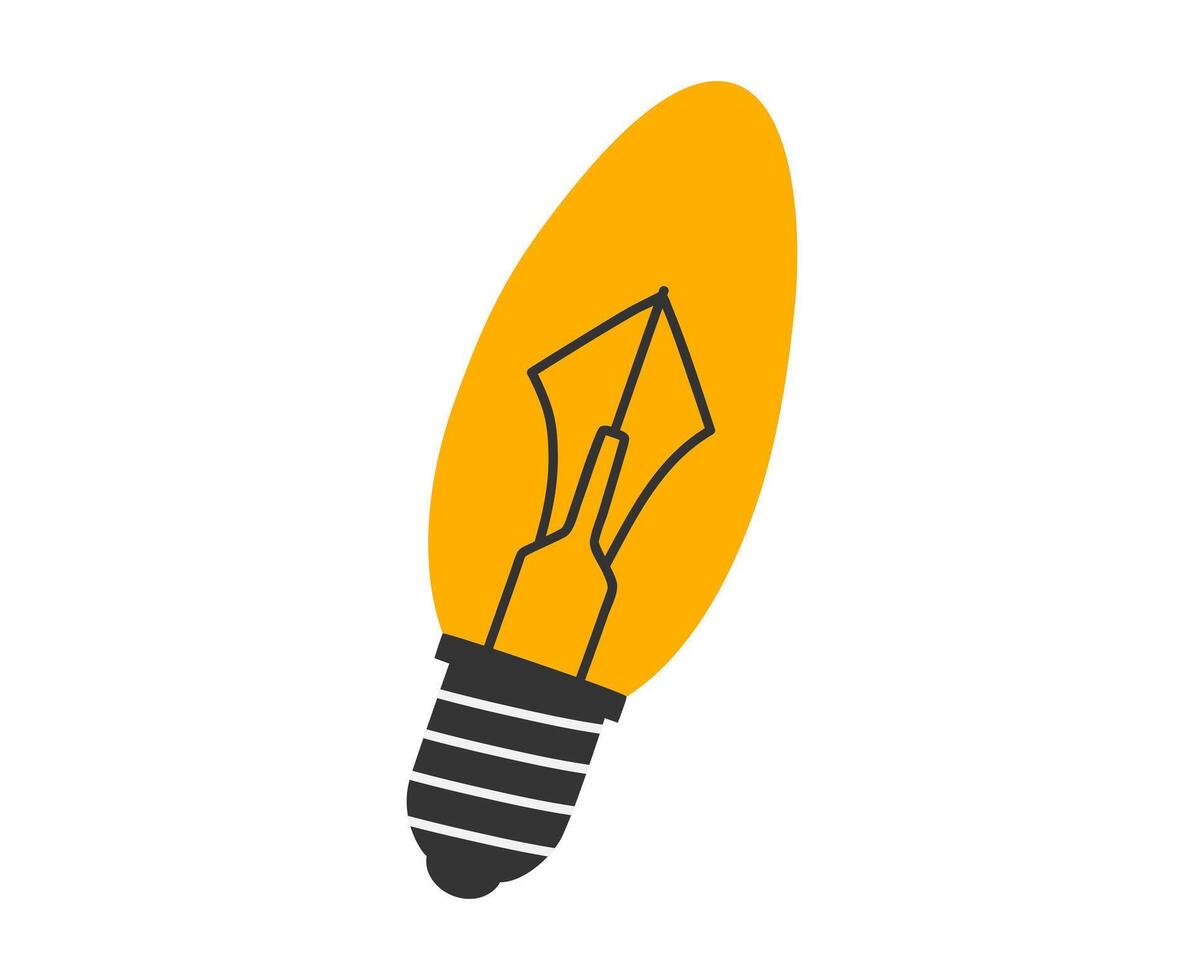 Hand drawn cute cartoon illustration of incandescent lamp in candle shape, glowing light bulb. Flat good idea or answer concept in doodle style. Non eco friendly device sticker, icon. Isolated. vector