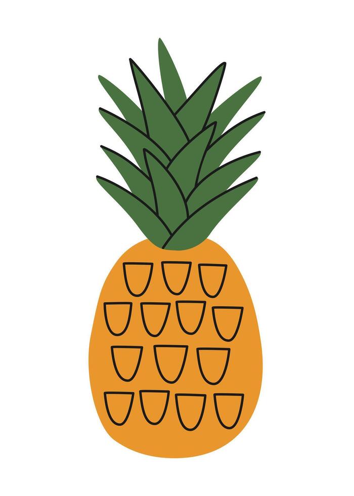 Hand drawn cute summer illustration of pineapple or ananas. Flat fresh fruit in simple colored doodle style. Tropical exotic raw food icon or print. Isolated on white background. vector