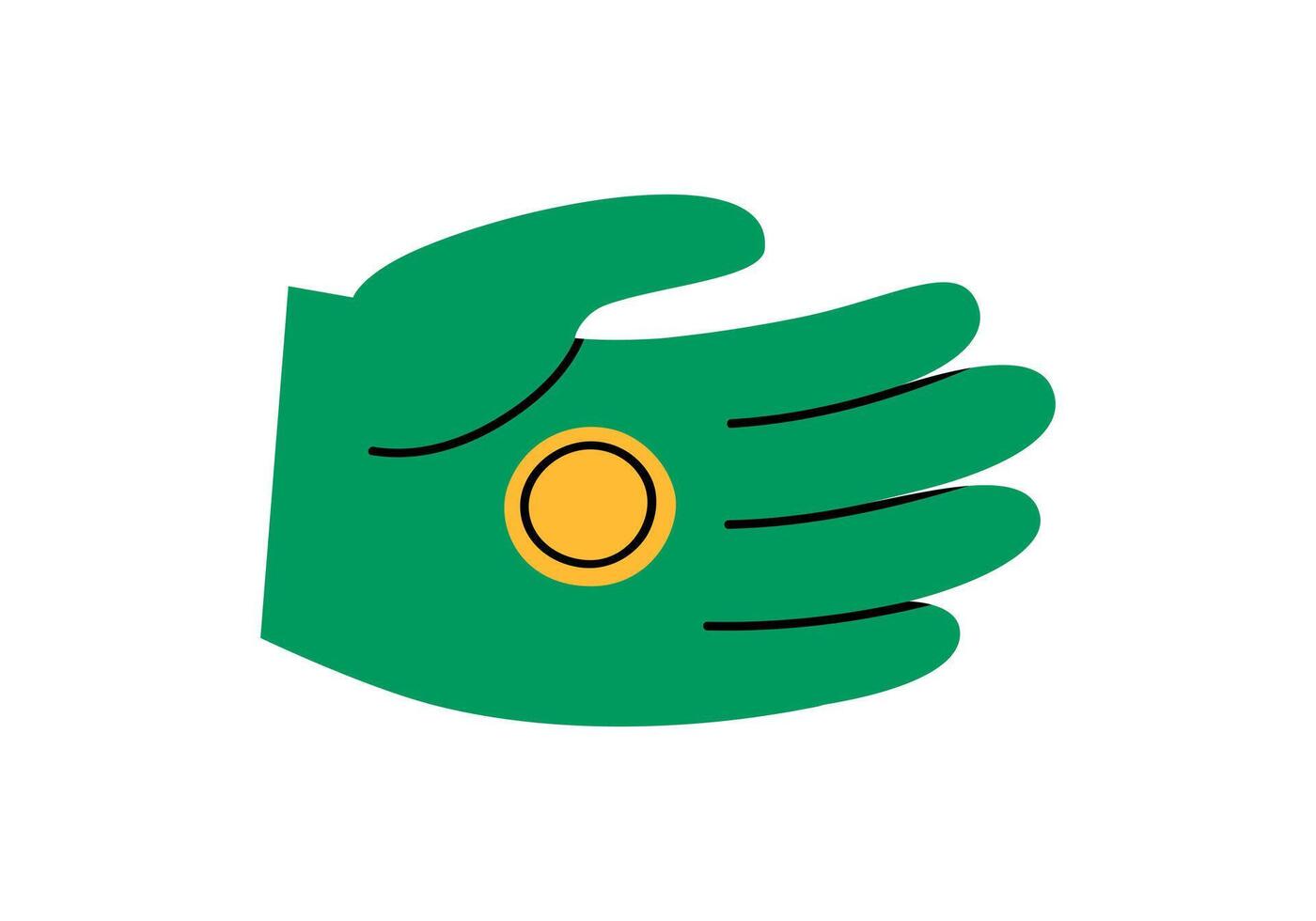 Hand drawn cute cartoon illustration of palm with coin. Flat accumulate savings sticker in colored doodle style. Beg for money or poverty icon or print. Financial crisis or bankruptcy. Isolated vector