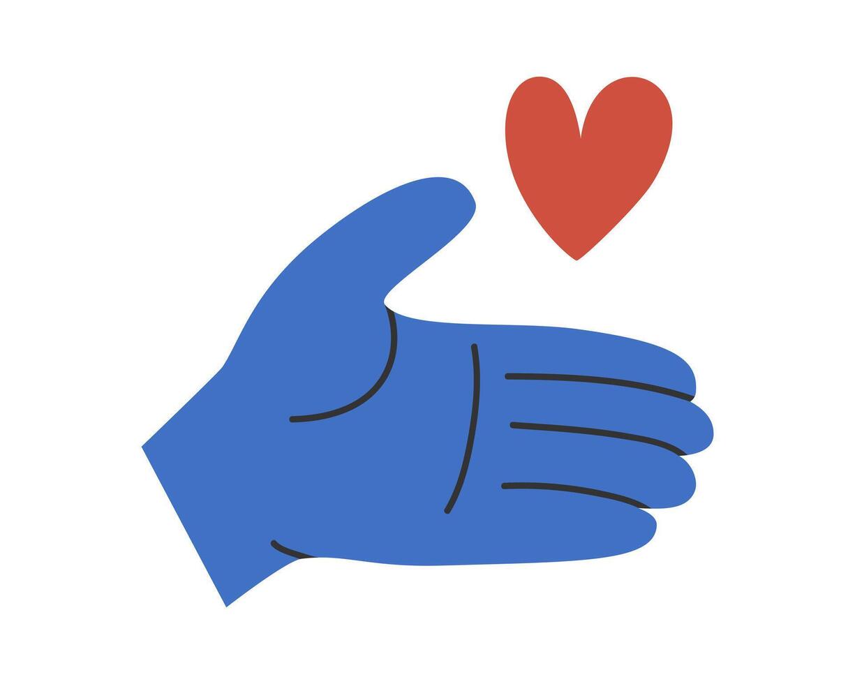 Hand drawn cute illustration of hand with heart. Flat giving love and help to charity in simple colored doodle style. Philanthropy, volunteer, Valentine's Day sticker, icon or print. Isolated. vector