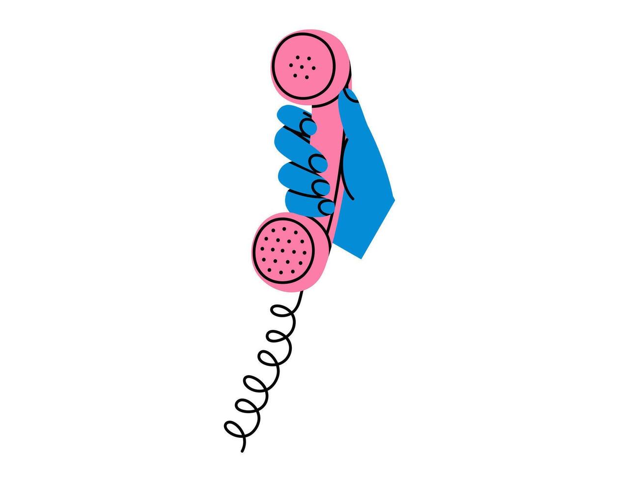 Hand drawn cute cartoon illustration of hand with retro telephone receiver. Flat old phone handset sticker in simple colored doodle style. Making a call icon or print. Isolated. vector