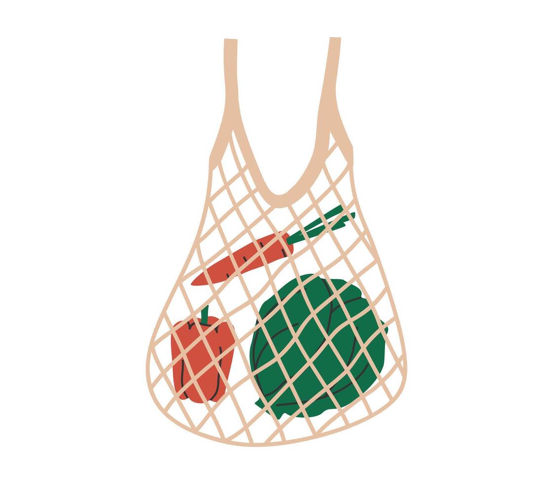 mano dibujado linda dibujos animados ilustración de reutilizable compras cuerda bolsa. plano tienda de comestibles malla bolsa, ambiente proteccion, bolsa para verduras, garabatear estilo. ecología pegatina, icono o impresión. aislado vector