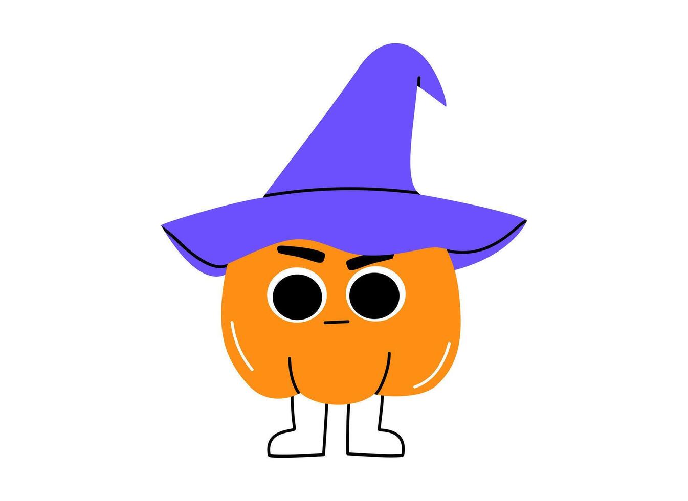 Hand drawn cute cartoon illustration of pumpkin in sorcerer costume. Flat Halloween and Thanksgiving sticker. Wizard character in doodle style. Autumn harvest mascot with witch hat. Isolated. vector