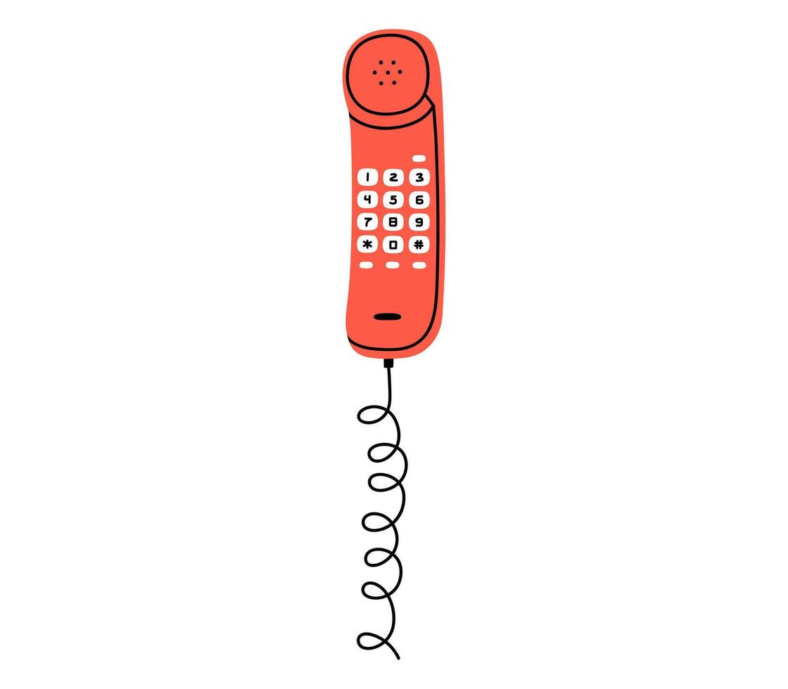 Hand drawn cute cartoon illustration of phone handset with buttons. Flat telephone receiver sticker in simple colored doodle style. Call device icon or print. Isolated on white background. vector