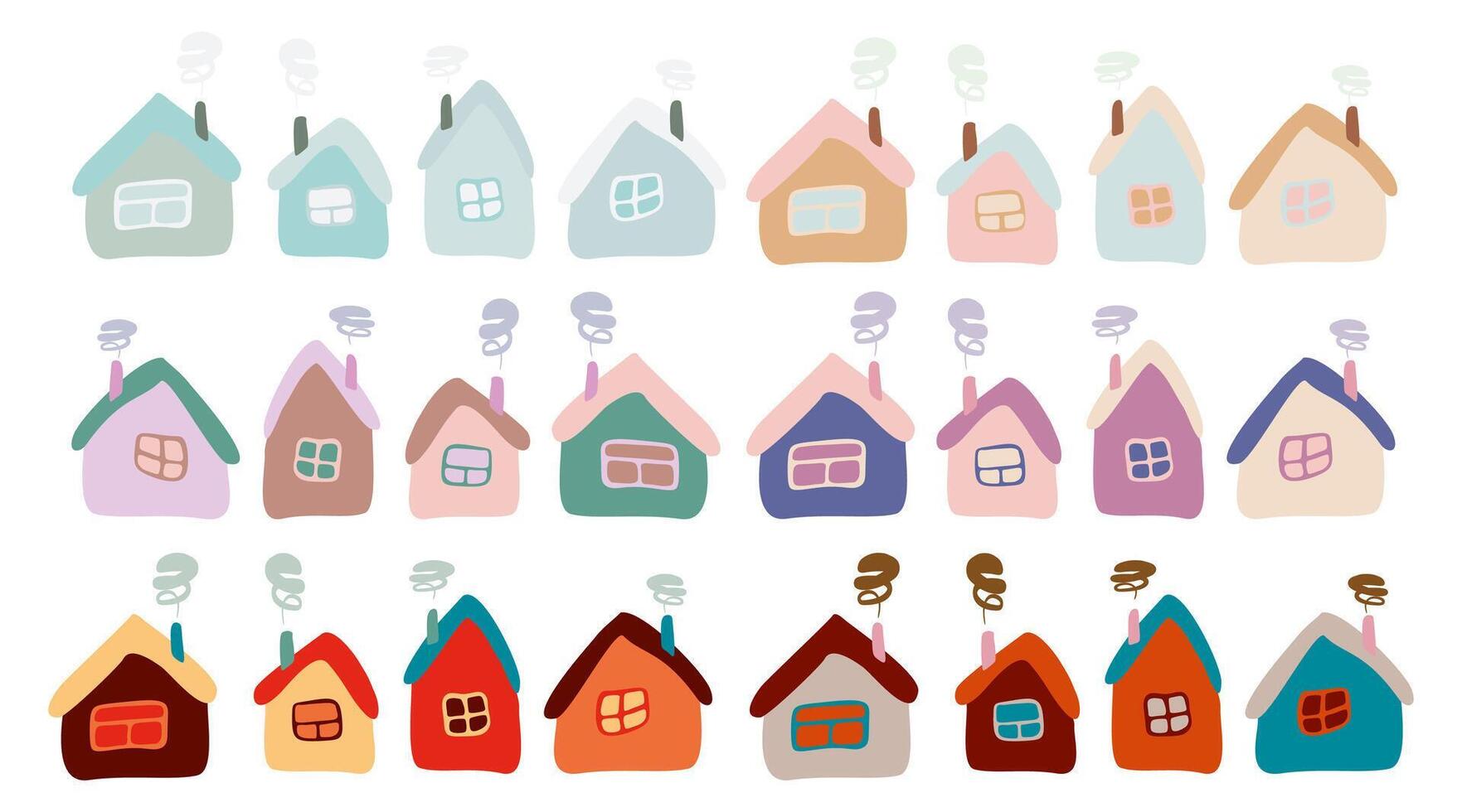Set of Small Flat Cartoon houses. Isolated Collection. Cute bright children illustration with Crooked Homes. Hand Drawn Elements with Roof, Window, Color Facade and Smoke from Chimney. vector