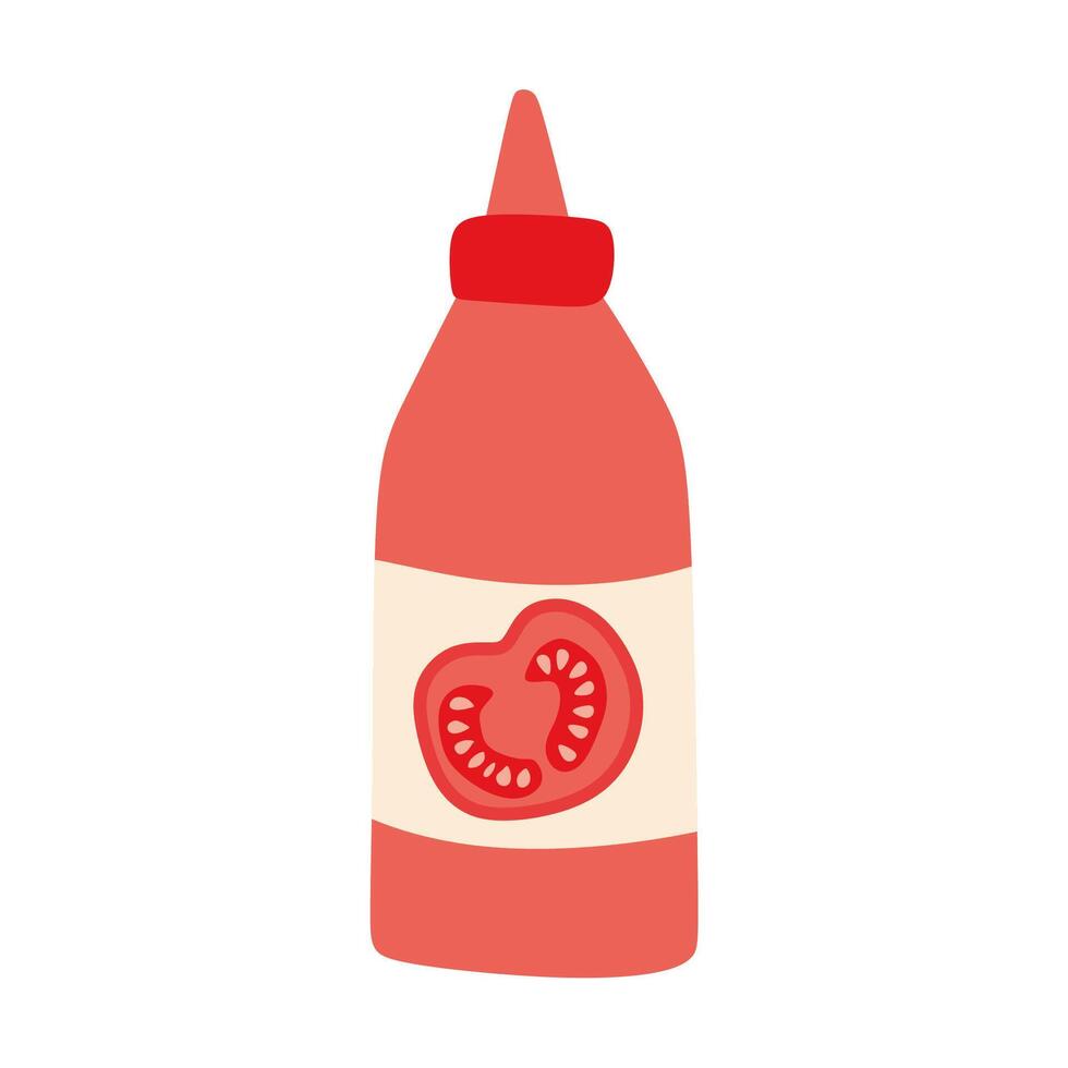 Tomato Ketchup Bottle. Flat Illustration. Cartoon Design Object of Red Vegetable Sauce Isolated on White background. Culinary Seasoning for Hot Dog, Fast Food, Pasta, Barbeque and other Meals. vector