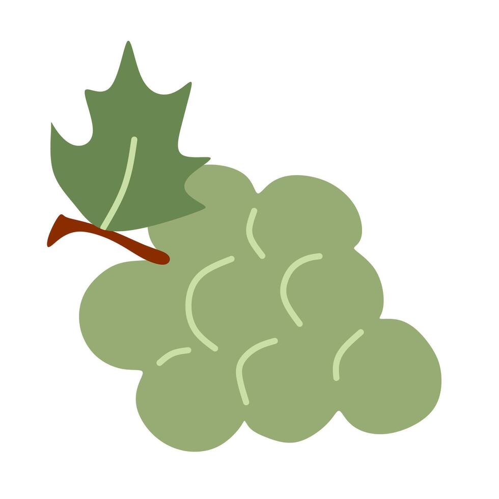 Flat Grape icon. Cartoon Fruit Illustration Isolated on White. Graphic Green Bunch of Berries with Leaf. Hand Drawn Color Object, Sweet and Healthy Eating. Design element for Sticker, Card. vector