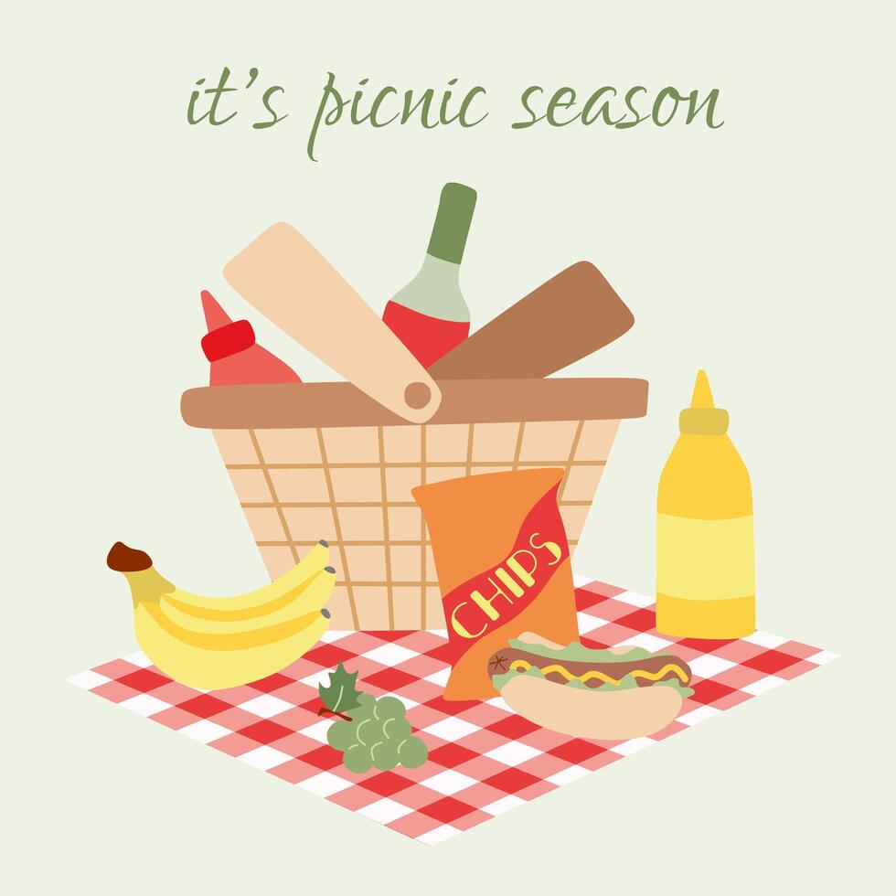 Cartoon Summer Picnic in Park. Flat Poster with Basket, Checkered Plaid, Fruits, Fast Food, Wine And Sauce. Background with Place for Text, Front View. Design illustration for Card, Poster. vector
