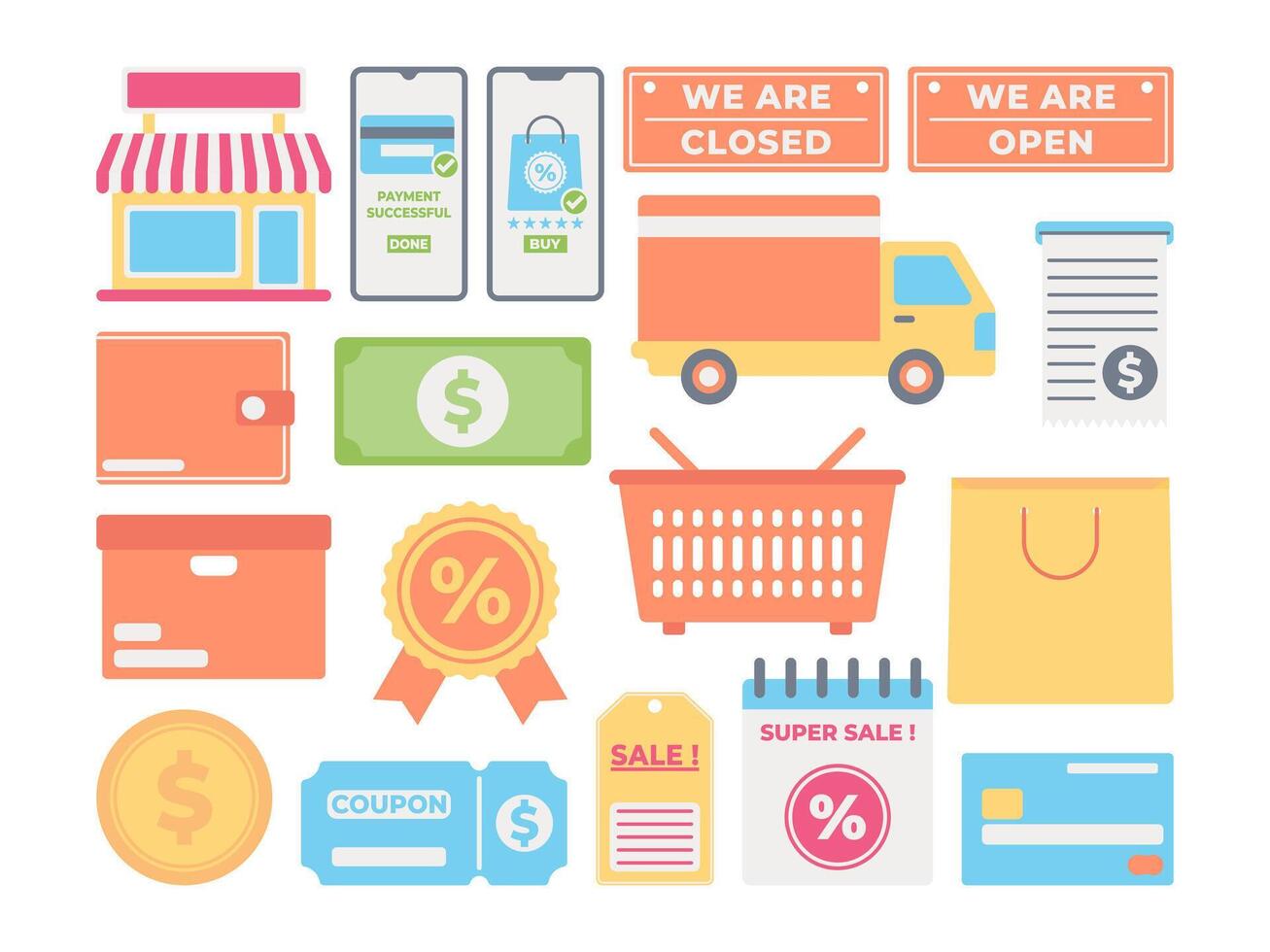 Set of online shopping icons in format for e-commerce equipment illustration flat color style. vector