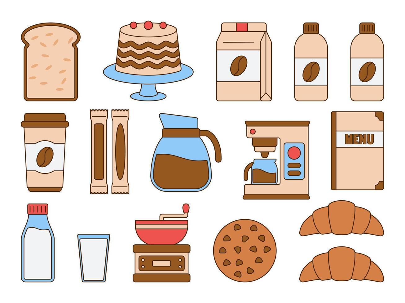 Explore a charming assortment of food and drink icons, ideal for a Coffee Shop Menu Illustration. vector