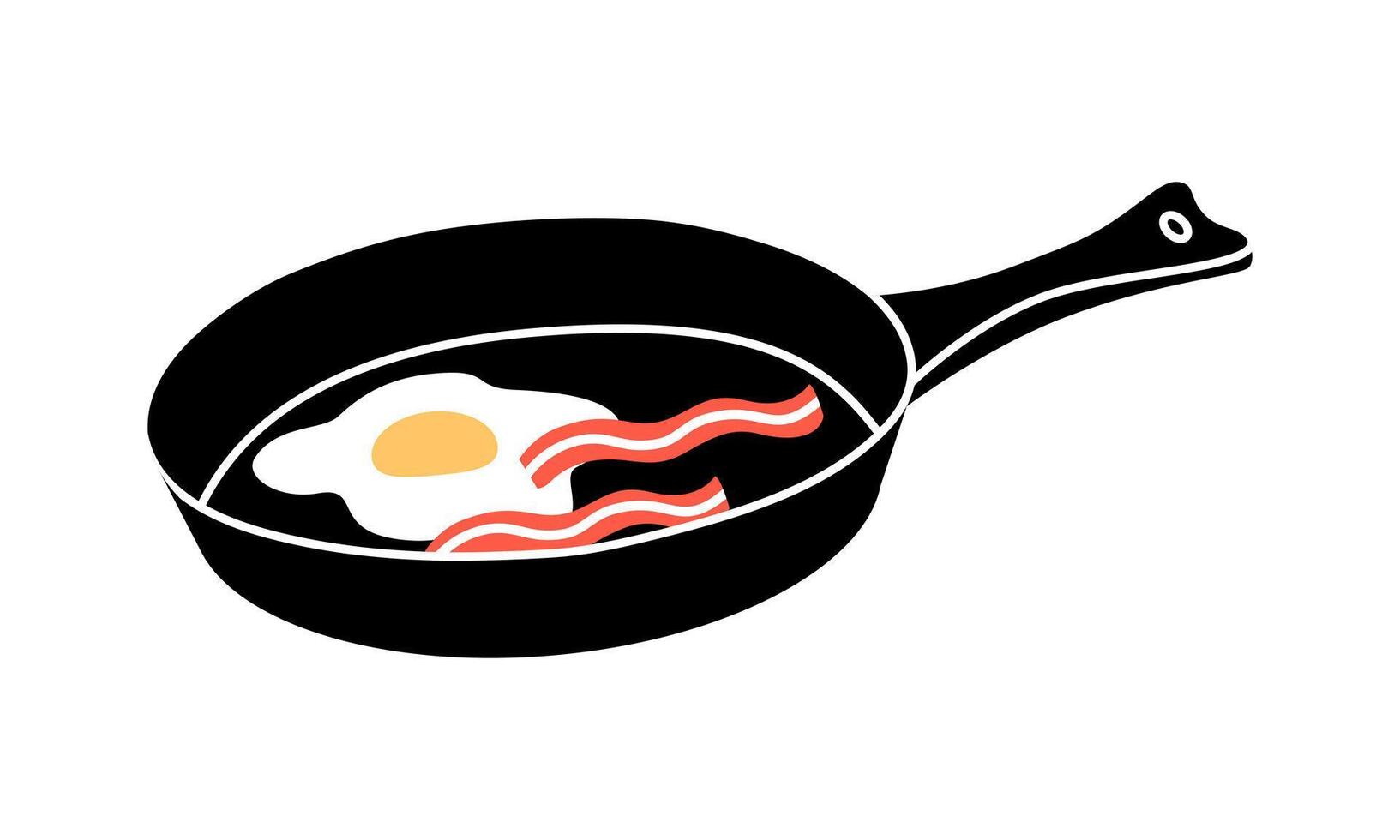 Hand drawn cute cartoon illustration of camping pan with scrambled egg and bacon. Flat outdoor cooking on fire sticker in doodle style. Tourism frying food icon. Adventure breakfast. Isolated. vector