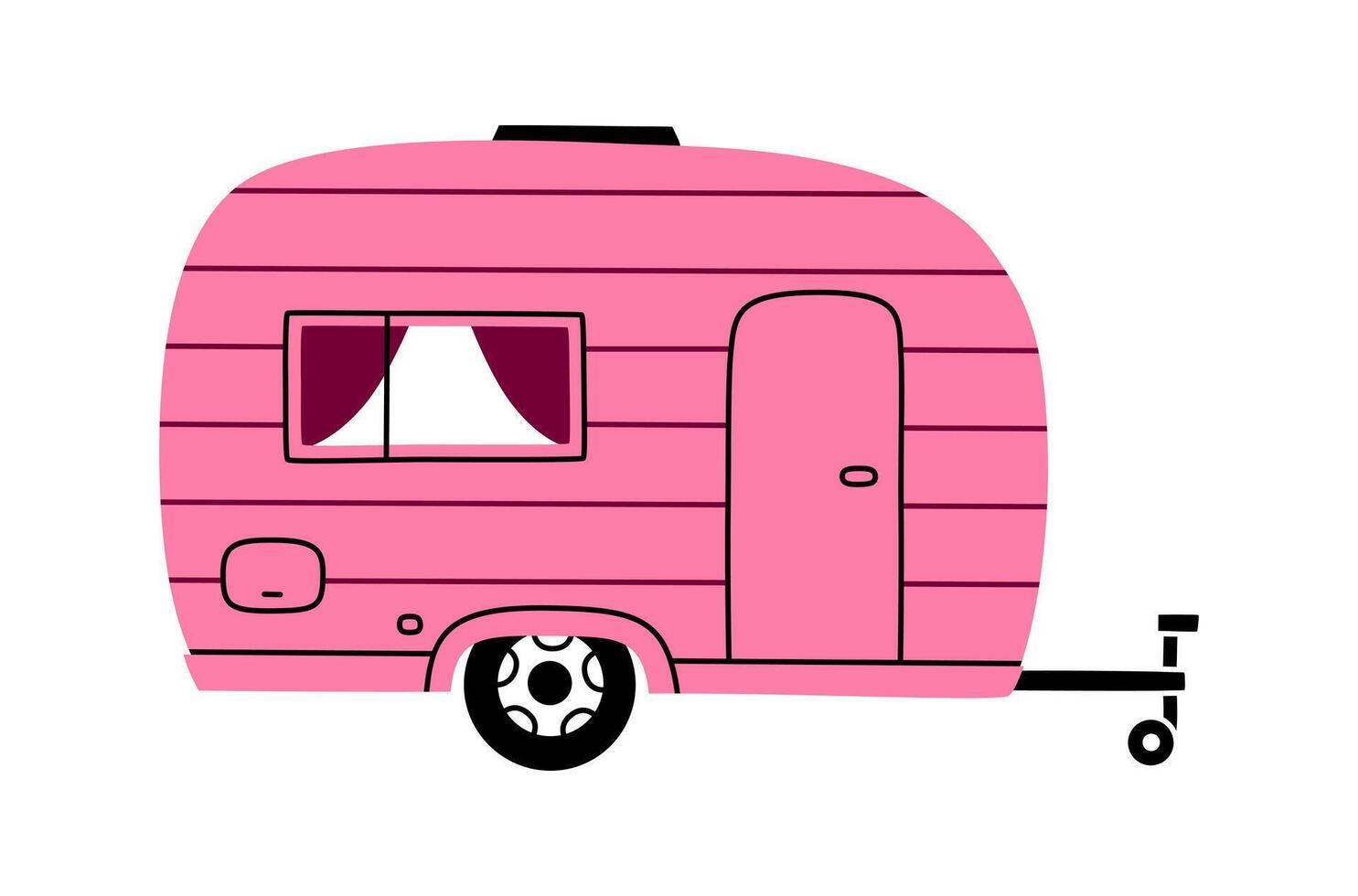 Hand drawn cute cartoon illustration camping trailer. Flat outdoor tourism car sticker in colored doodle style. Motor vehicle for campsite icon. Adventure, vacation. House on wheels. Isolated. vector