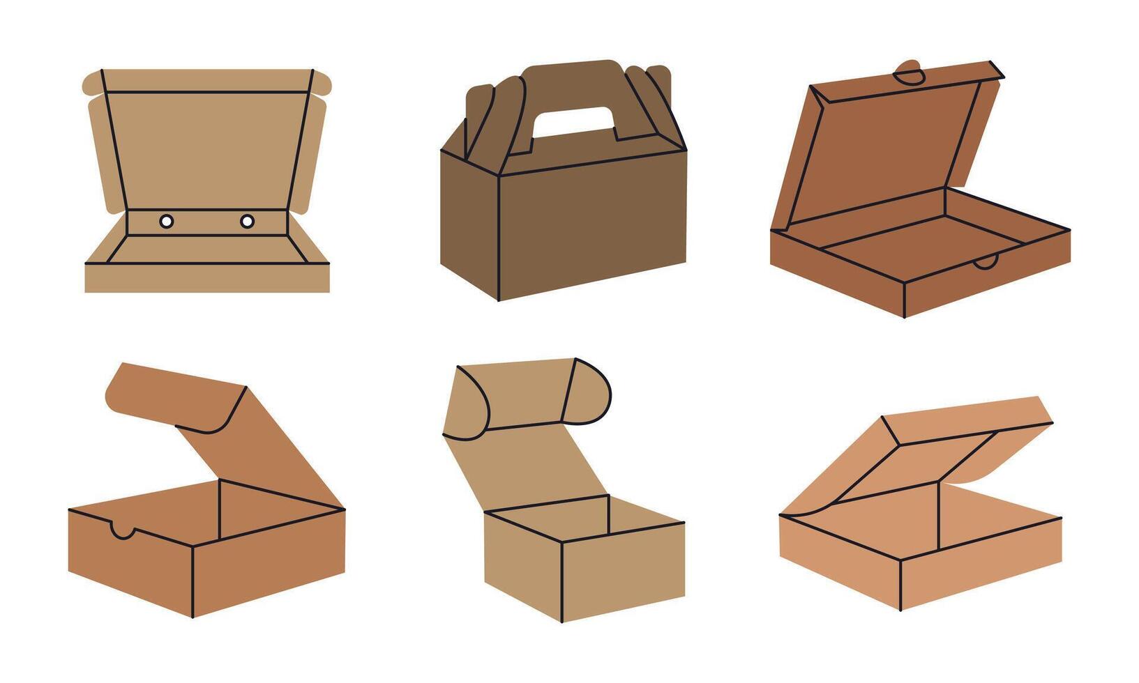 Takeaway food boxes. Cardboard pizza box, fast food or sweets delivery containers flat illustration set. Carton food boxes on white vector