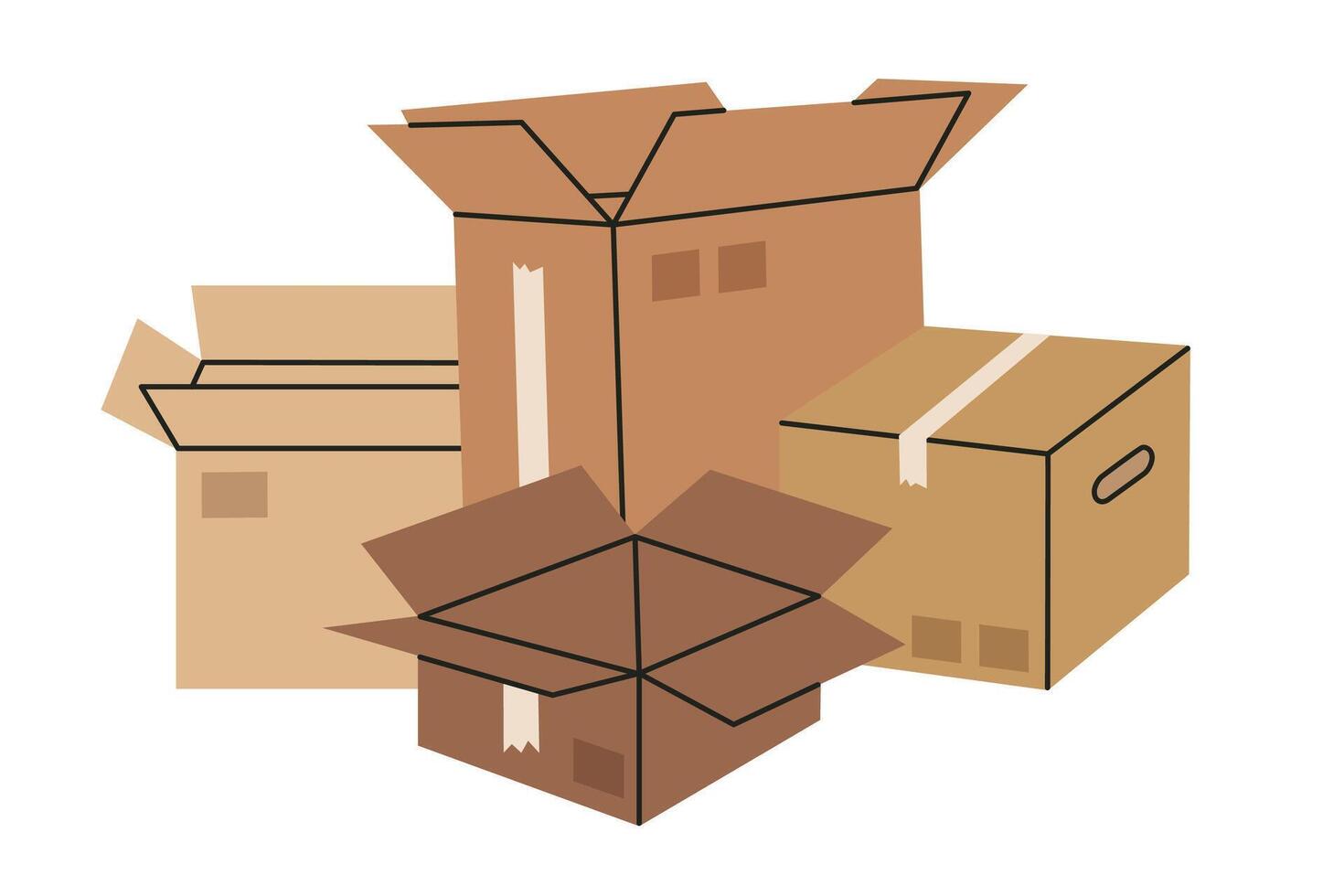 carga cajas mano dibujado caja de cartón cajas, almacén cartulina cajas pila. abierto vacío cajas plano ilustración en blanco vector