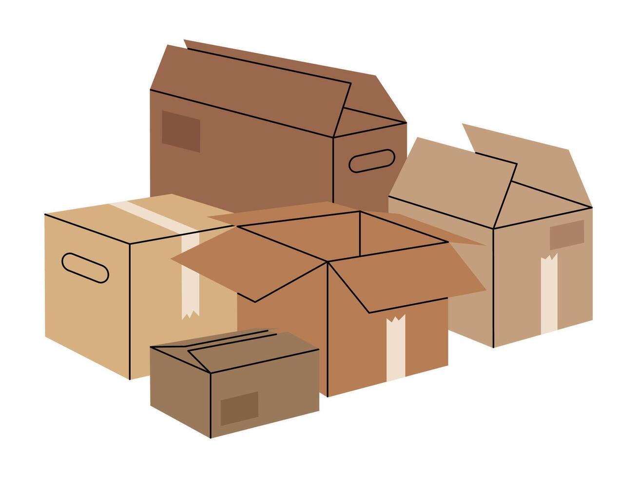 Packages pile. Hand drawn cardboard boxes, stacked cargo boxes, carton warehouse box stack flat illustration. Moving or delivery concept vector