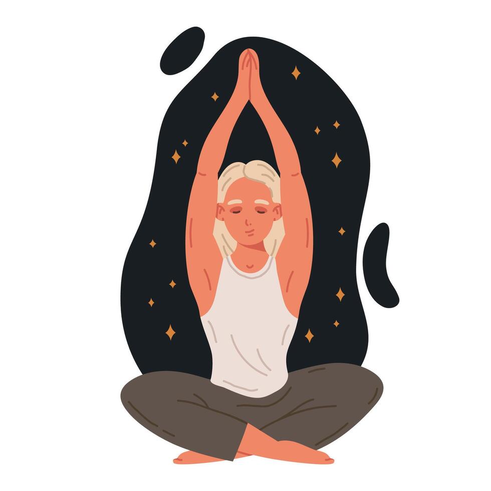Tranquil woman meditating. Meditating female character sitting in yoga lotus pose, stress relief, meditation and breathing exercise flat illustration on white vector