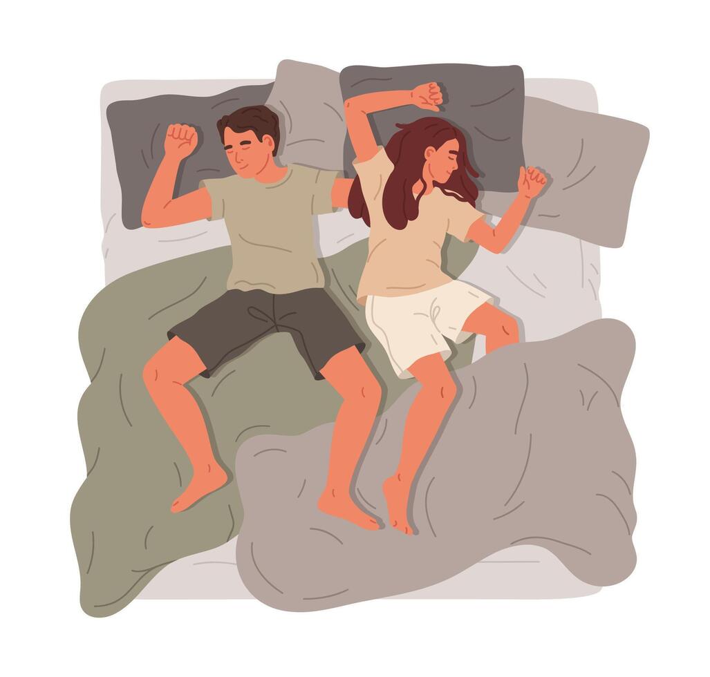 hombre y mujer dormido en cama. Pareja o joven familia descansando en acogedor cama, siesta caracteres plano ilustración. masculino y hembra persona dormido en cama vector