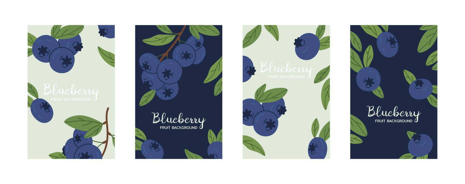 Blueberries posters. Fresh blueberry with leaves, juicy hand drawn blueberries flat background illustration set. Delicious blueberry backdrops vector