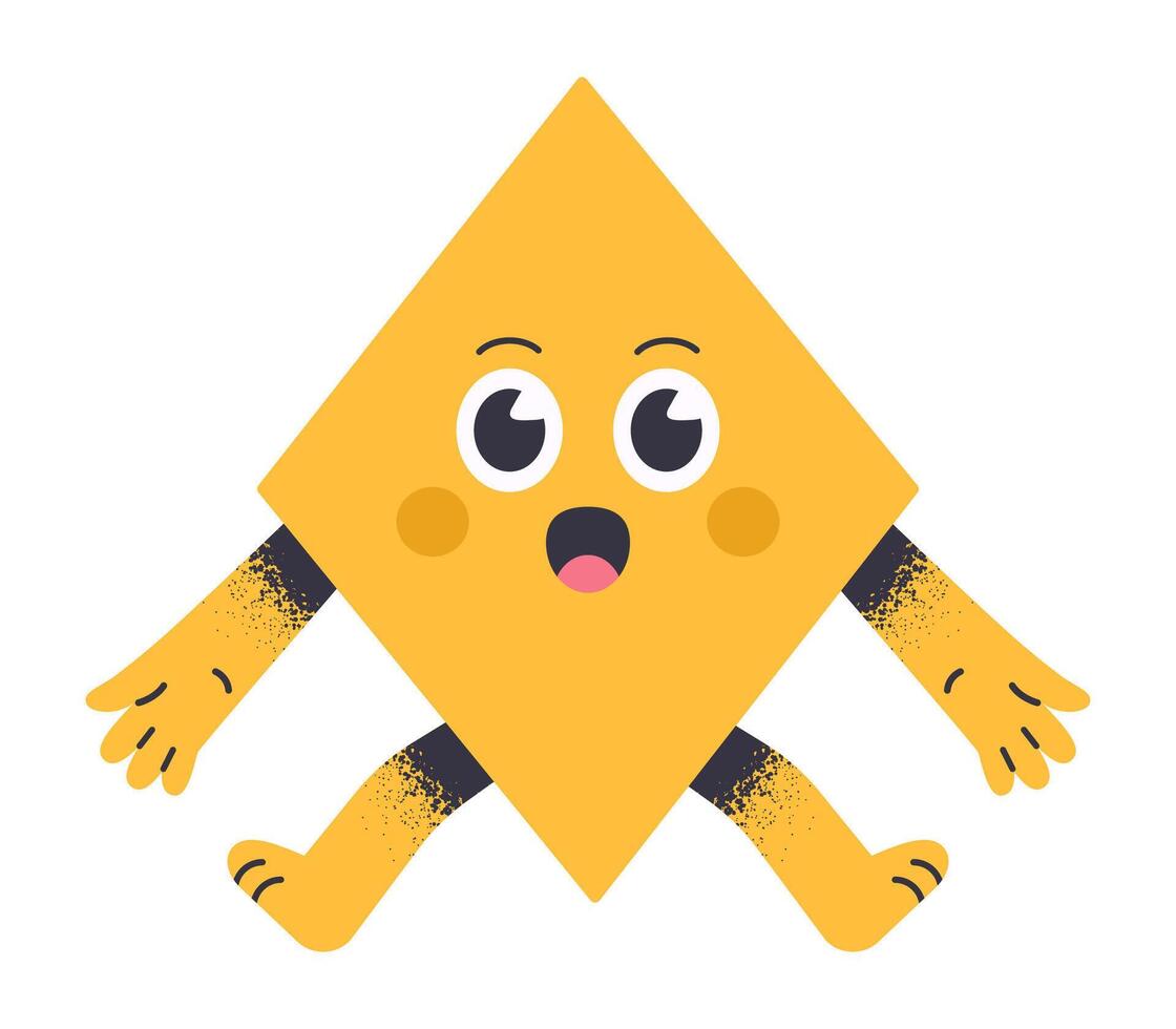 Comic rhombus mascot. Adorable geometric shape character with surprise emotions, cute yellow rhombus with funny face flat illustration. Funny geometric shape vector