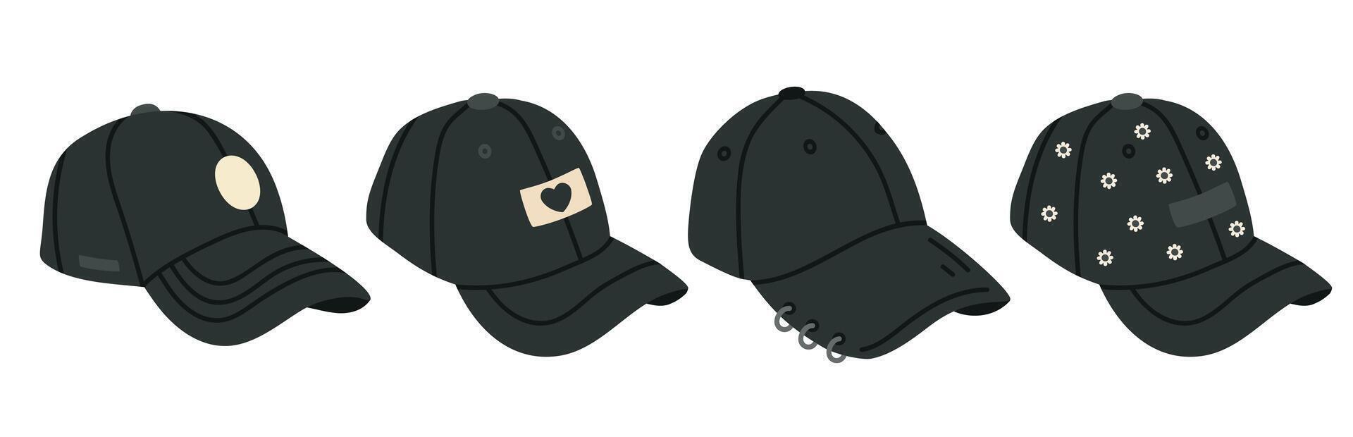 Black baseball caps. Textile sport headwear, unisex fashion accessories flat illustration set. Cotton sport caps on white vector