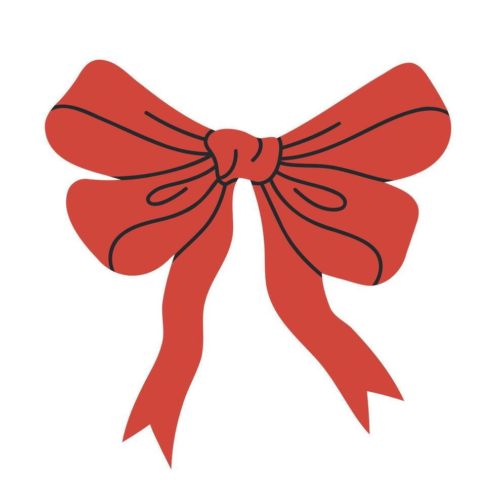 escarlata seda arco. mano dibujado papel o textil rojo arco, Días festivos regalo cajas cinta decoración plano ilustración. arco en blanco antecedentes vector