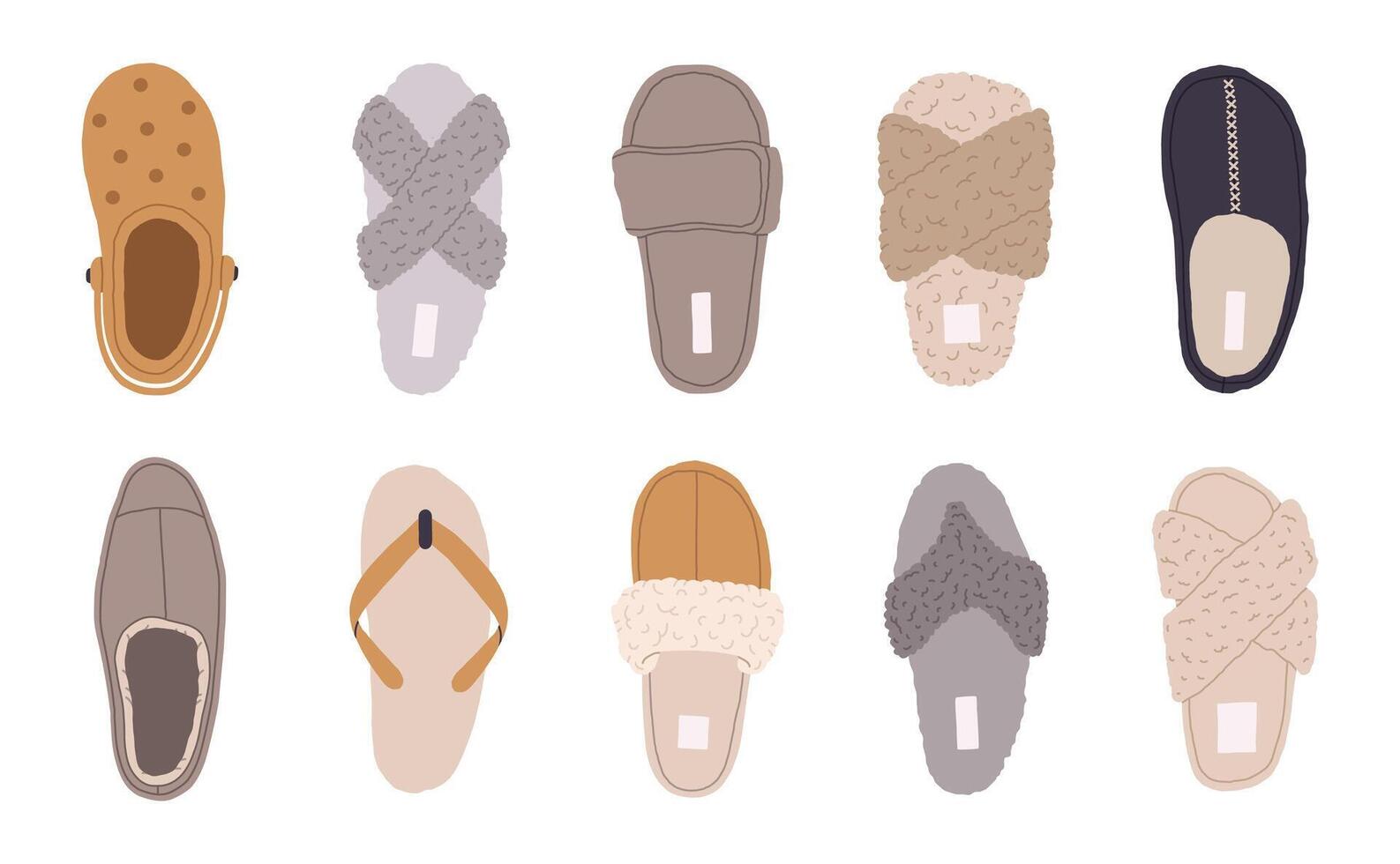 Cozy domestic slippers. Home soft and comfy footwear, fluffy slippers, flip flops and male and female textile house shoes flat illustration set. Indoor footwear collection vector