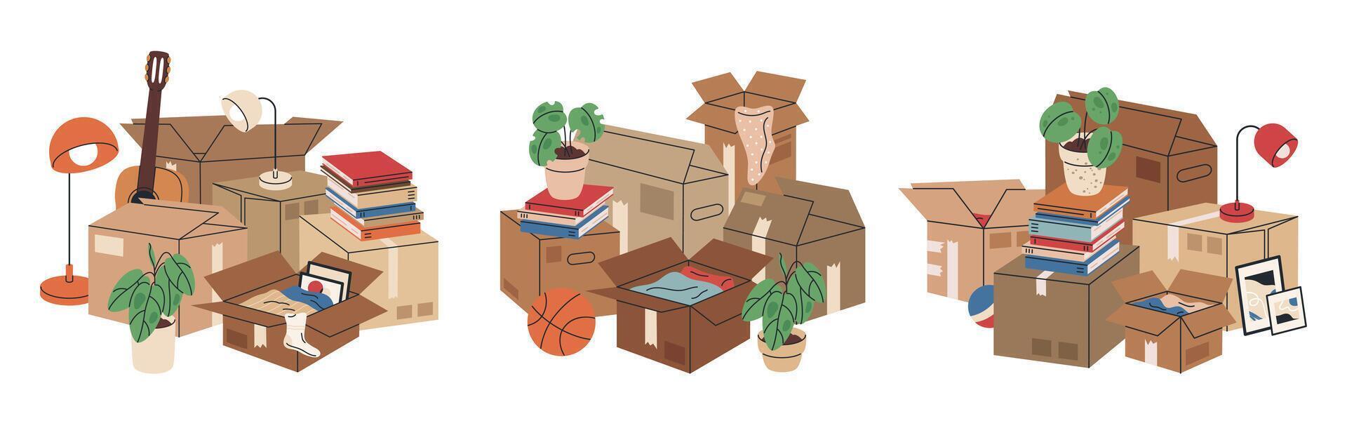 Cardboard boxes with moving stuff. Stacked cargo moving boxes with clothes, pot plants and books flat illustration. New home moving boxes on white vector