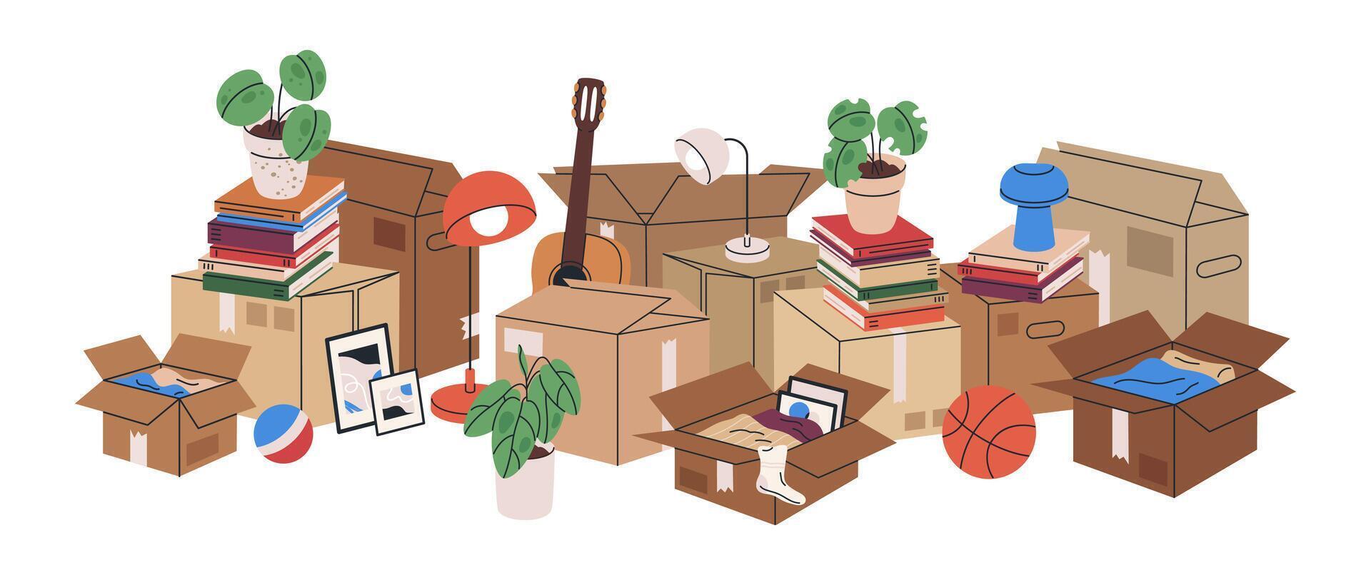 Moving stuff in cardboard boxes. Stacked carton moving boxes with books, clothes and pot plants flat background illustration. New house moving boxes on white vector