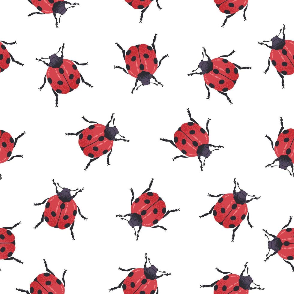 Ladybug seamless pattern. Hand drawn ladybird beetle print, cute spotted insect flat background illustration. Cartoon ladybird endless design vector