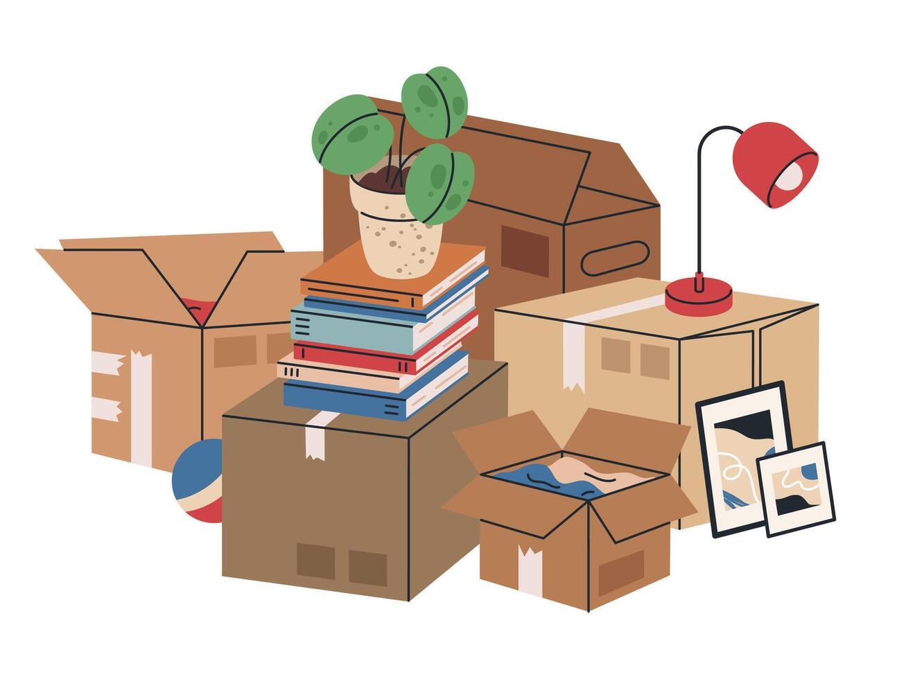 Cardboard boxes with moving stuff. Stacked cargo moving boxes with clothes, pot plants and books flat illustration. New home moving boxes on white vector