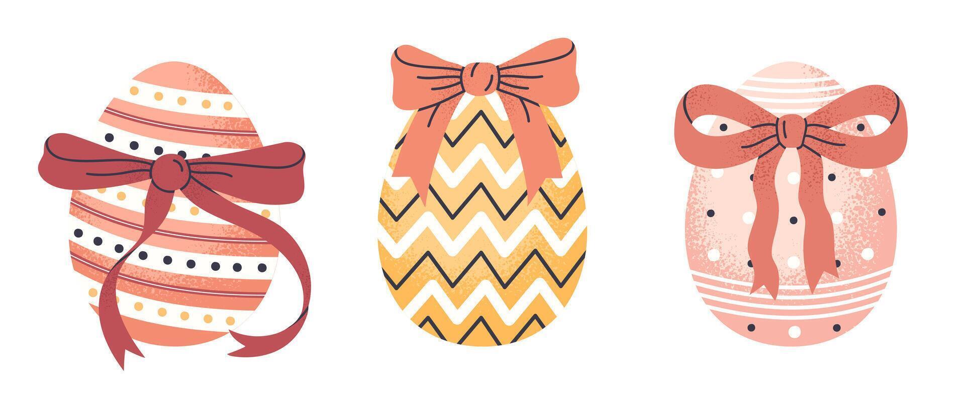 Easter eggs with bows. Painted spring Easter holiday chocolate egg with ribbon, traditional easter treats flat illustration set. Hand drawn decorative egg on white vector