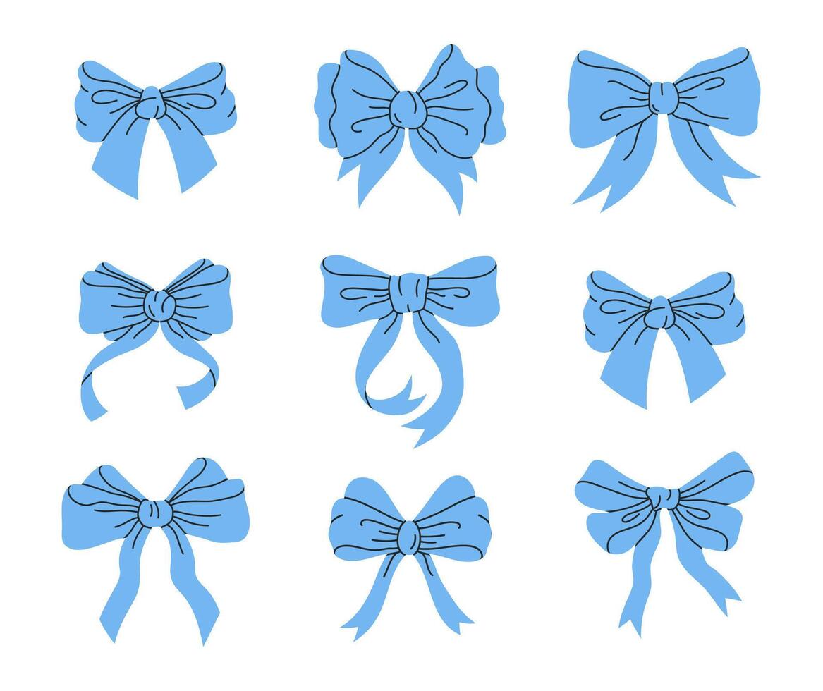 azul seda arcos cumpleaños regalos cinta decoraciones, mano dibujado arcos para regalo cajas plano ilustración colocar. linda Días festivos arcos decoración colección vector