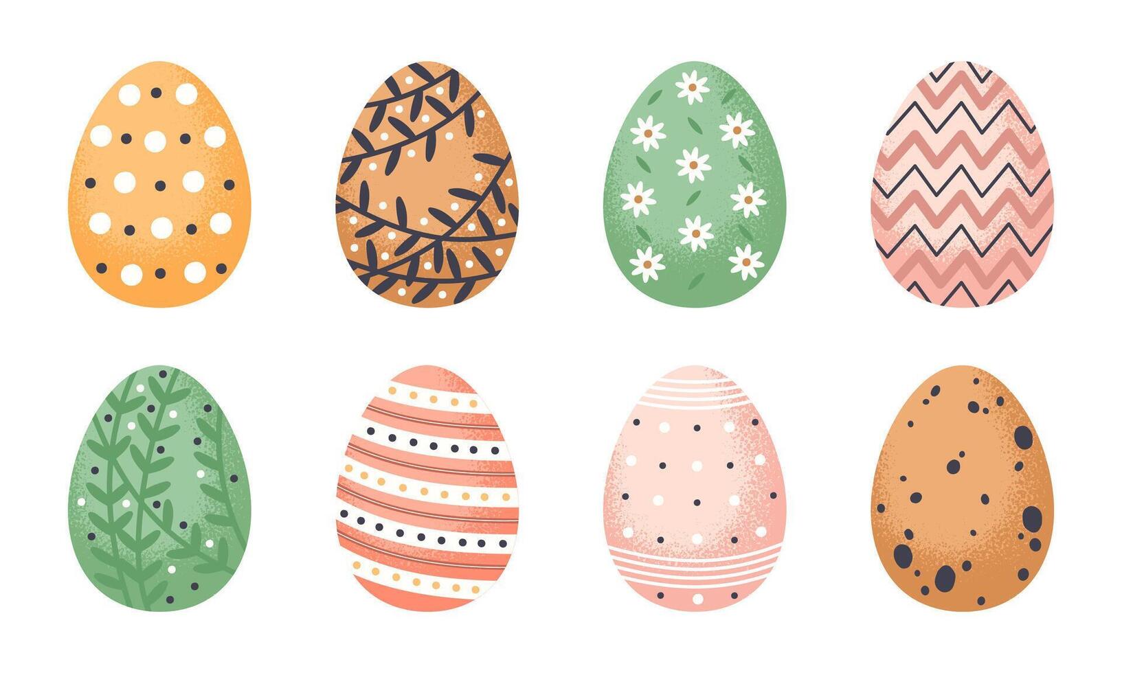 Painted Easter eggs. Hand drawn spring Easter decorations, cute chocolate eggs flat illustration set. Traditional holidays decorative eggs on white vector