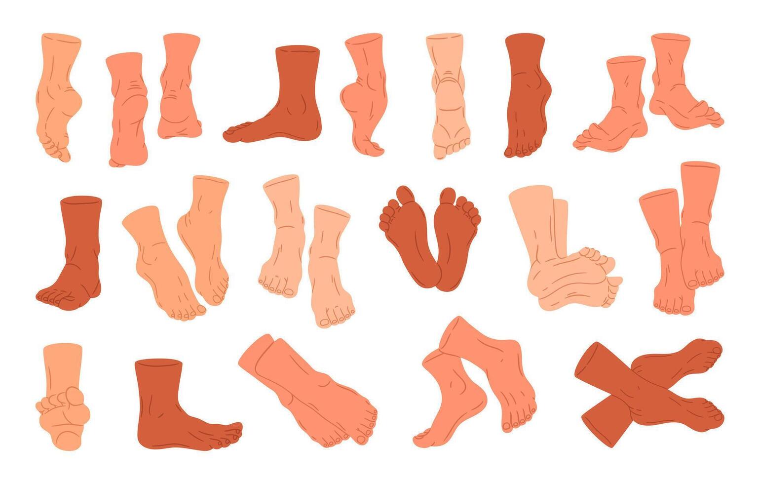 Bare human feet. Human barefoot legs in different poses, standing, walking and lying male or female legs flat illustration set. Back, front, side feet view vector